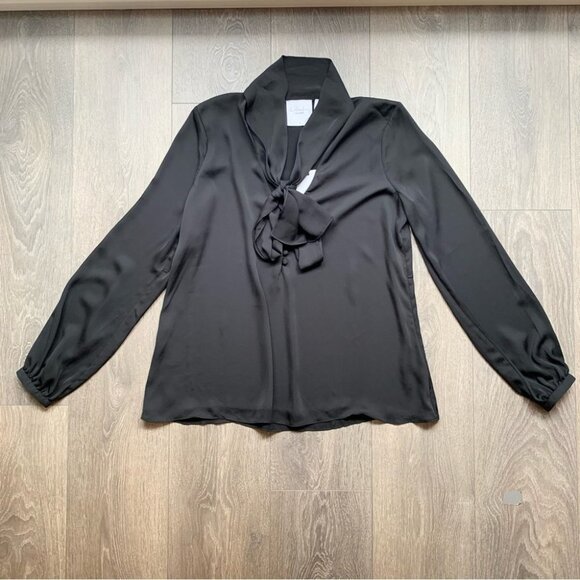L'Academie Revolve 70's Blouse Neck Tie Black Long Sleeve Satin Size XS - Picture 4 of 14